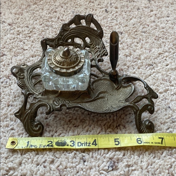 Vintage Brass Inkwell with Glass Insert - Picture 6 of 7